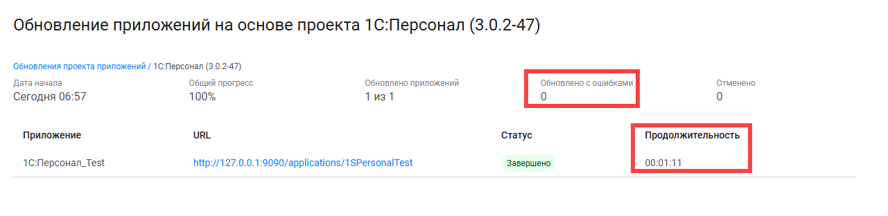 Отображение продолжительности обновления каждого приложения и количества ошибок