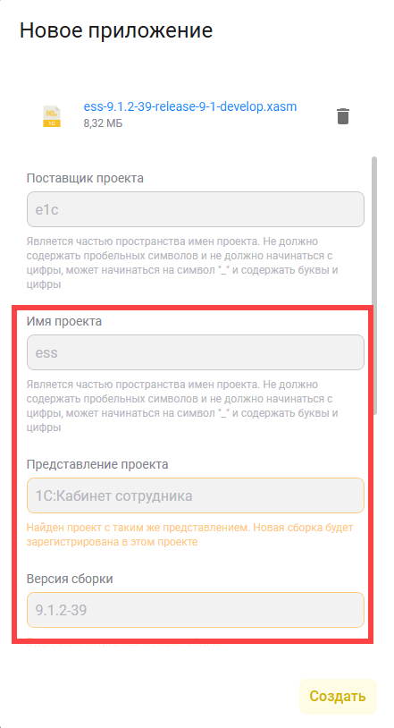 Отображение данных о новом проекте